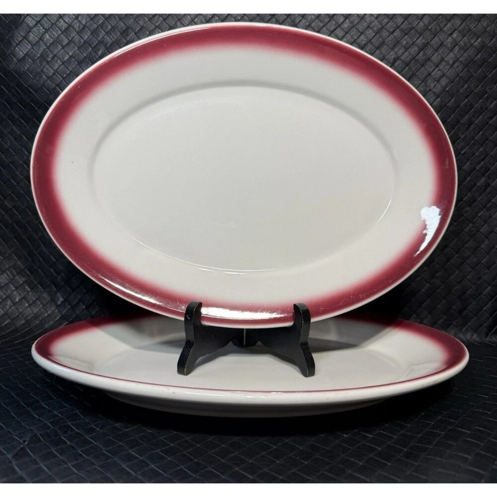 Vintage Homer Laughlin Pink Red Ombre Oval Platter 12 In Set Of 2 Christmas